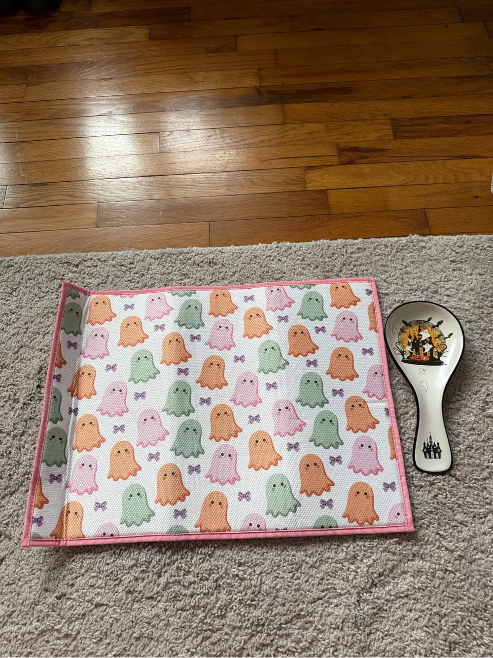 Pink Ghost-Print Small Dish Drying Mat
